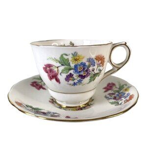 Vintage Royal Stafford Bone China Teacup & Saucer, England, Multi Color Floral